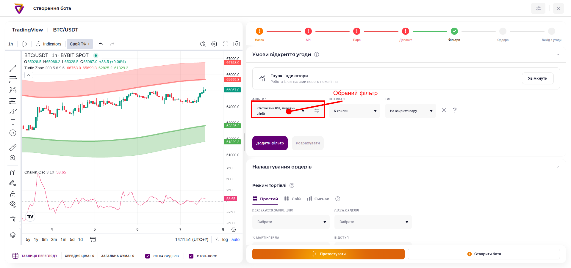 Обраний фільтр Стохастик RSI у конструкторі Veles
