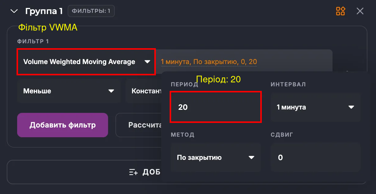 Налаштування фільтра VWMA у Veles: період, інтервал, метод і зсув