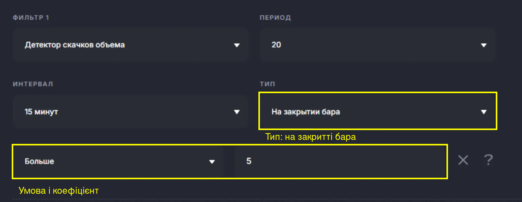 Налаштування фільтра «Детектор скачків обсягу» у Veles