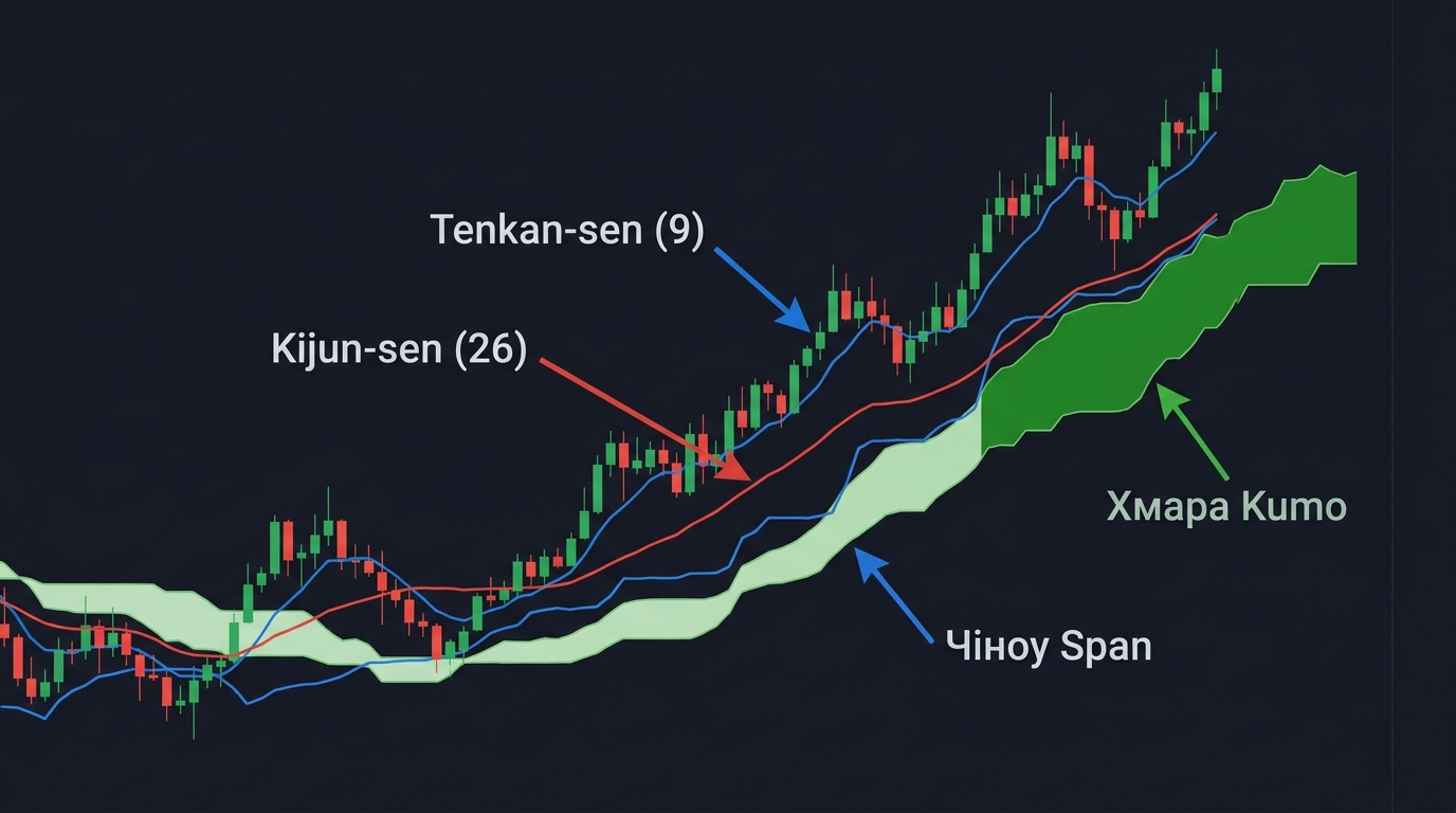 Що таке кожна лінія Ішимоку — Tenkan, Kijun, Хмара Kumo, Чіноу Span на графіку