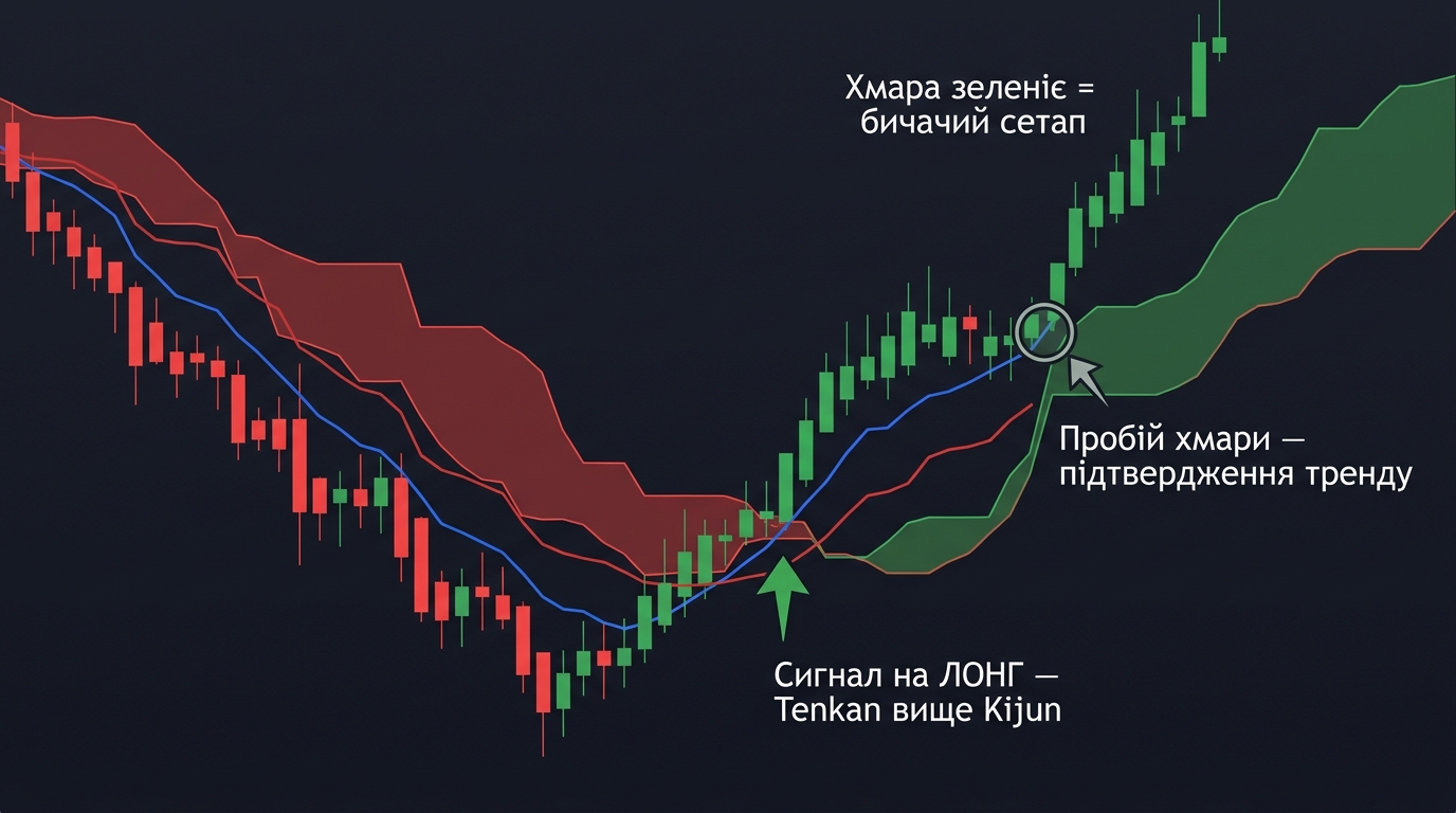Бичачий сигнал — Tenkan перетинає Kijun знизу-вгору