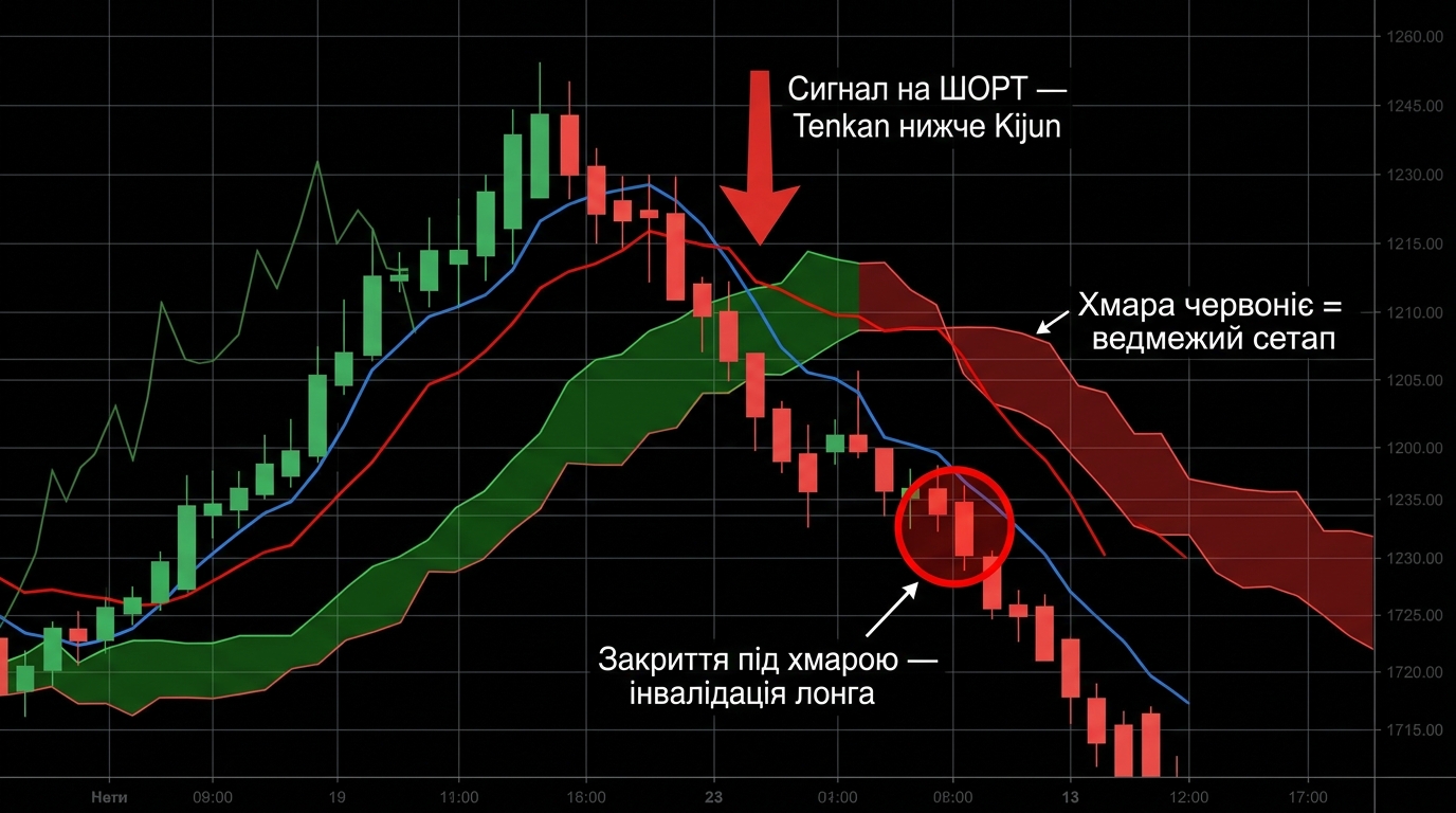 Ведмежий розворот — Tenkan перетинає Kijun зверху-вниз і ціна закривається під хмарою