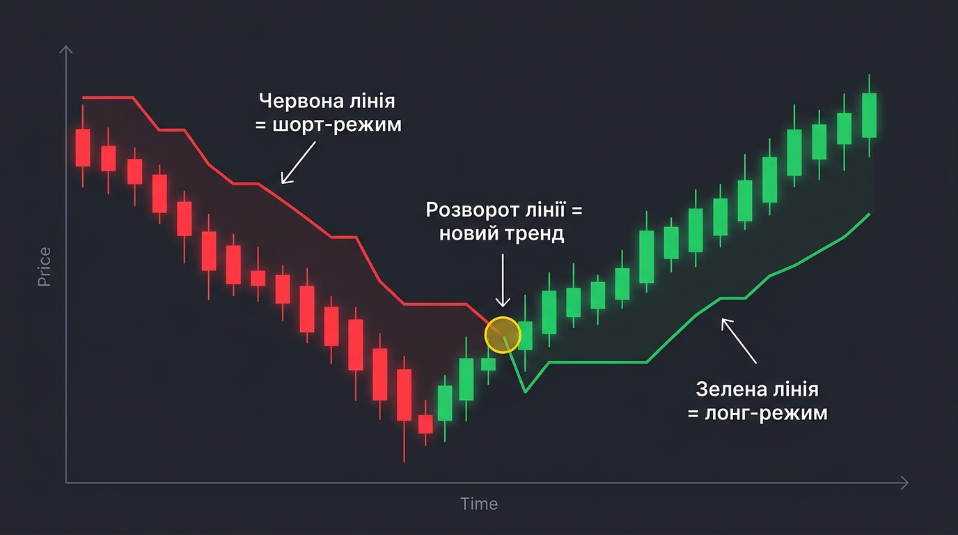 Концепція Supertrend: зелена лінія = тренд вгору, червона = вниз